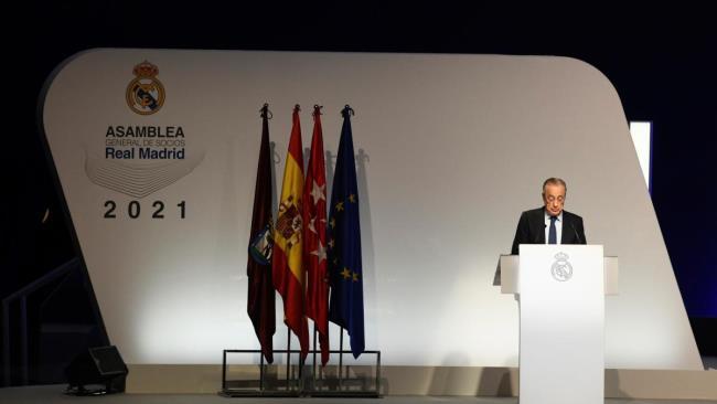 Florentino Pérez durante su discurso en la Asamblea de 2021