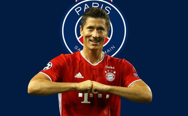 Montaje de Lewandowski con el escudo del PSG