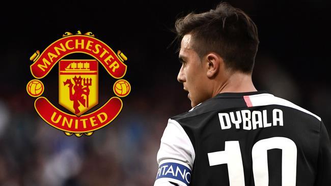 Montaje de Dybala con el escudo del Manchester United