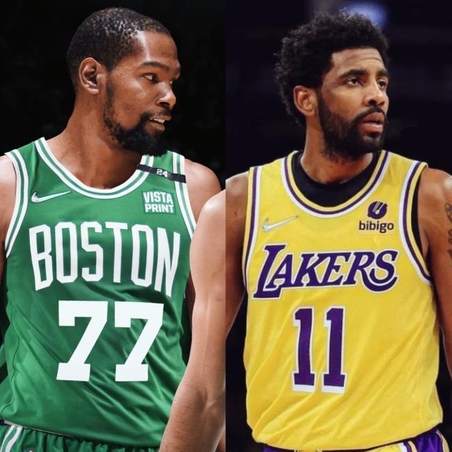 Montaje de Kevin Durant y Kyrie Irving con las camisetas de los Boston Celtics y Los Ángeles Lakers