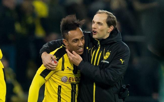 Thomas Tuchel y Aubameyang durante su etapa en el Dortmund