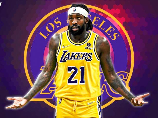 Montaje de Beverley con el escudo de los Lakers