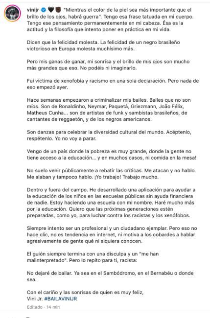 Mensaje de Vinicius Jr denunciando los actos racistas sufridos esta semana