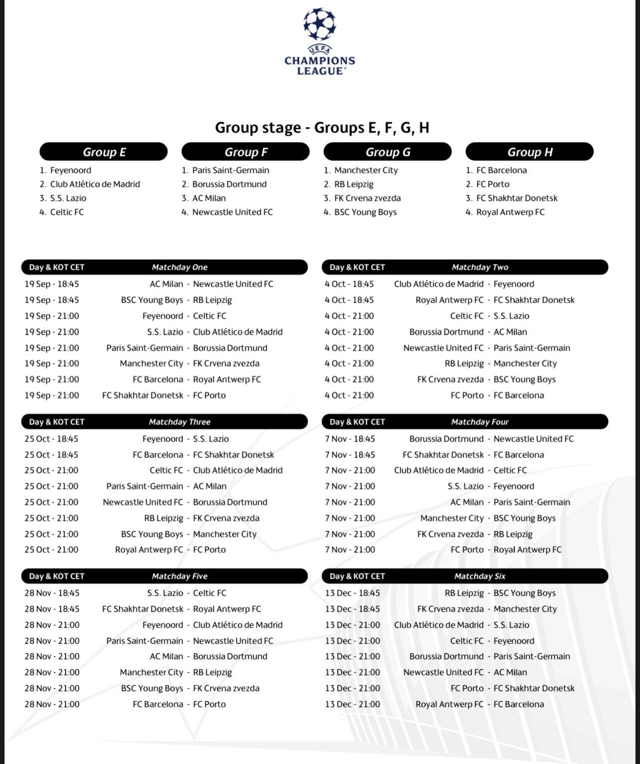 Calendario Champions 2