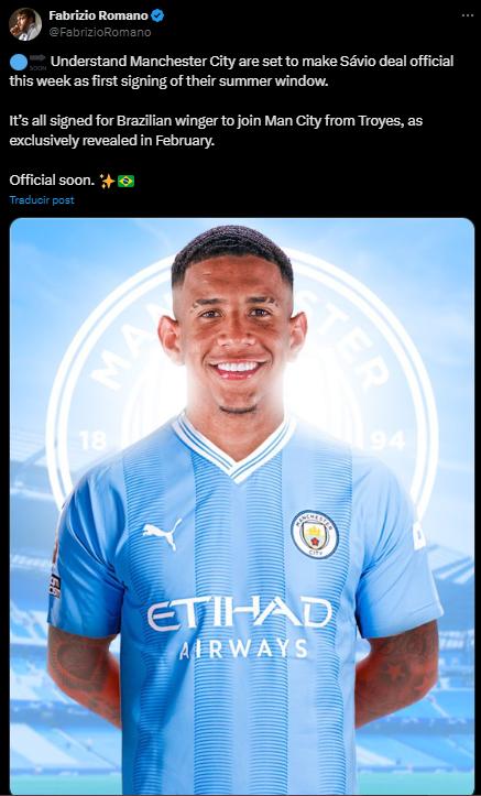 Fabrizio Romano confirmó el fichaje de Sávio por el City.