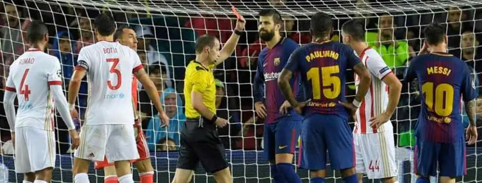 ¡La expulsión de Piqué en el Barça-Olympiakos acaba con un enfado bestial en el vestuario!